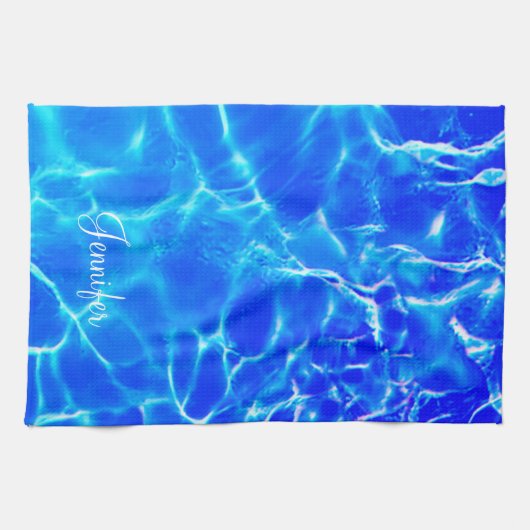 Personalisieren Sie Name, White Script, Blue Pool  Geschirrtuch (Horizontal)
