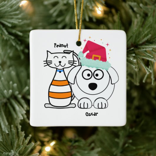 Personalisieren Sie Niedliche Katze & Hund Frohe W Keramikornament (Baum)