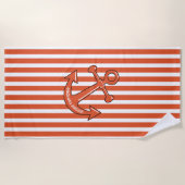 Personalisieren Sie Orange Cabana Stripes Anchor Strandtuch (Vorderseite)