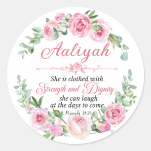 Personalisieren Sie Prov 31:25 Muttertag Rosa Rose Runder Aufkleber