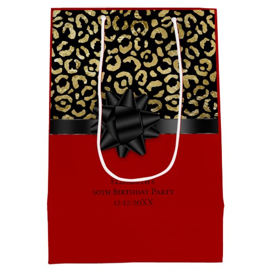 Personalisieren Sie Red Black Gold Leopard Print G Mittlere Geschenktüte (Rückseite)