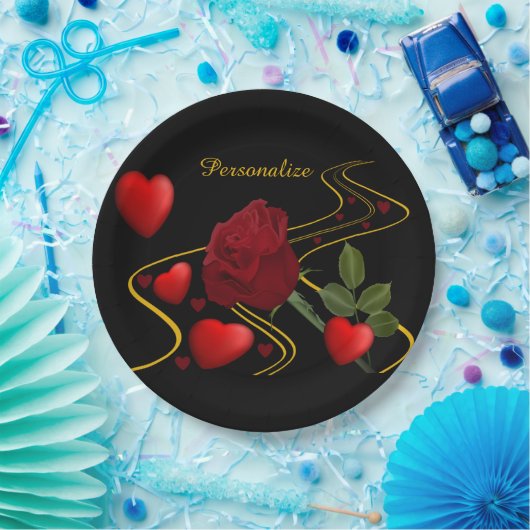 Personalisieren Sie romantische Rote Herzen Rose G Pappteller (Party)