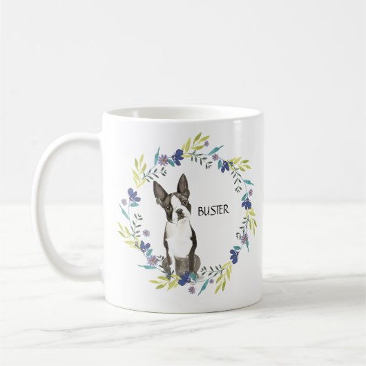 Personalisieren Sie Watercolor Boston Terrier Blue Kaffeetasse (Links)