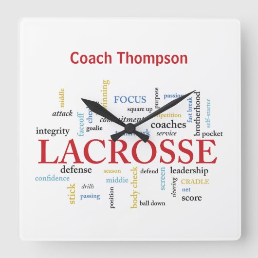 Personalisieren von Name Lacrosse Coach dank Words Quadratische Wanduhr (Vorderseite)