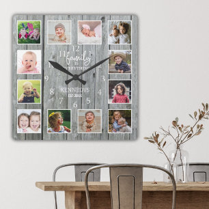 Personalisiert 12 Fotocollage Familienname Holz Quadratische Wanduhr
