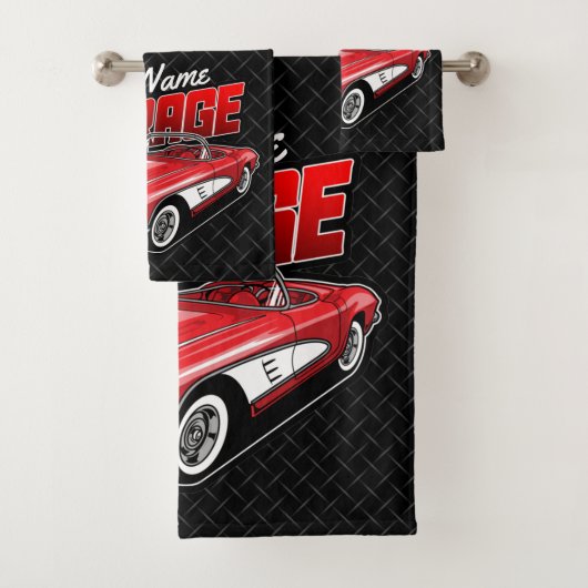 Personalisiert 1961 Red Classic Sports Car Garage Badhandtuch Set (Insitu)