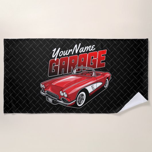 Personalisiert 1961 Red Classic Sports Car Garage Strandtuch (Vorderseite)