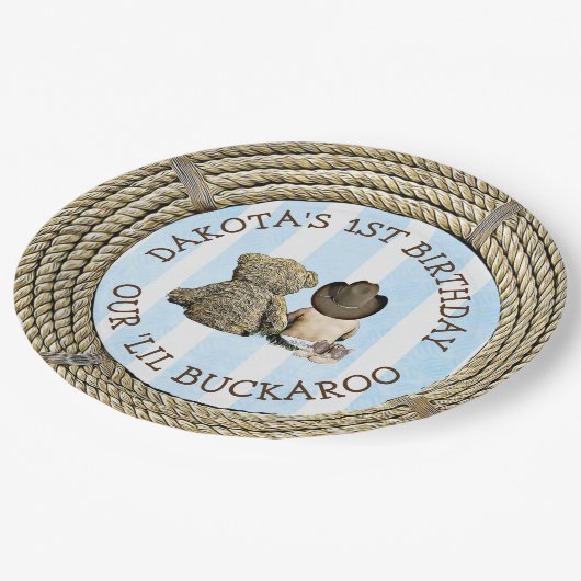Personalisiert 1. Geburtstag Cowboy Themed Pappteller (Schrägansicht)