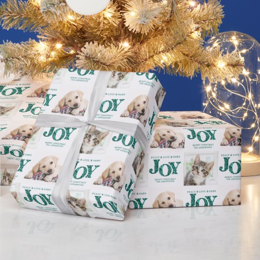 Personalisiert 2 Foto Haustier Hund JOY Aquamarine Geschenkpapier (Feiertage)