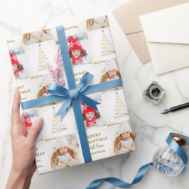 Personalisiert 2 Foto Weißer Goldener Weihnachtsur Geschenkpapier