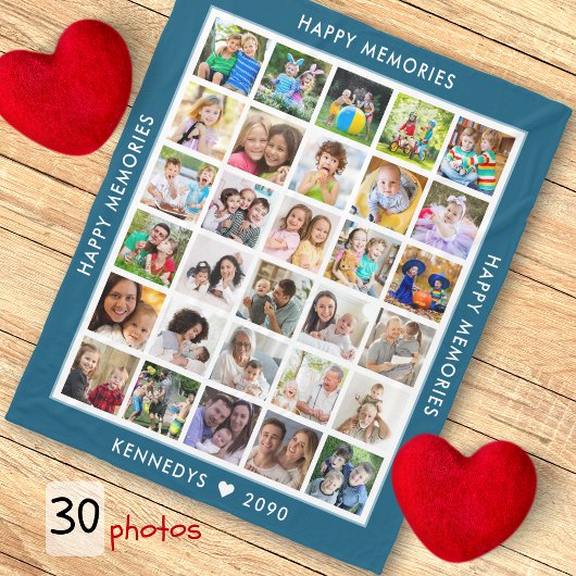 Personalisiert 30 Fotocollage Familienname Blau Fleecedecke