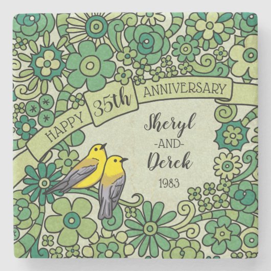 Personalisiert 35 Jahre alt, Jade Floral Birds Steinuntersetzer (Vorderseite)