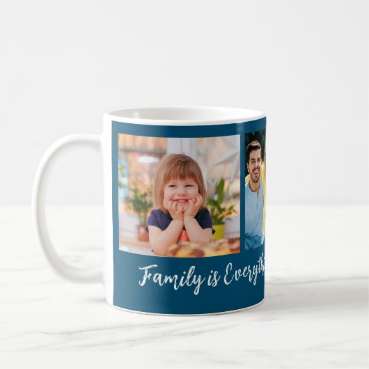 Personalisiert 3 Foto Familienname Zitat blau Kaffeetasse (Links)