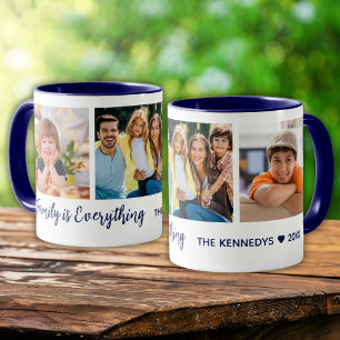Personalisiert 3 Foto Familienname Zitat blau Tasse