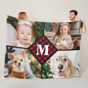 Personalisiert 4 Collage Red Kariert Monogram Fleecedecke