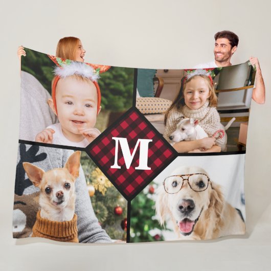 Personalisiert 4 Collage Red Kariert Monogram Fleecedecke (Beispiel)