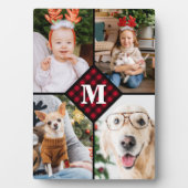 Personalisiert 4 Collage Red Kariert Monogram Fotoplatte (Vorderseite)