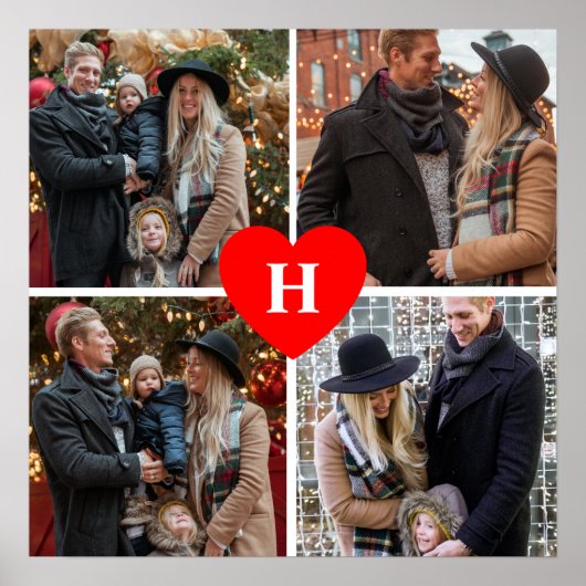 Personalisiert 4 Foto Collage Rotes Herz Mit Monog Poster (Vorne)