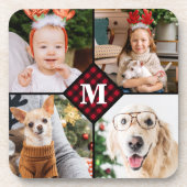 Personalisiert 4 Foto Monogramm Rotes Buffalo Kari Getränkeuntersetzer (Vorderseite)