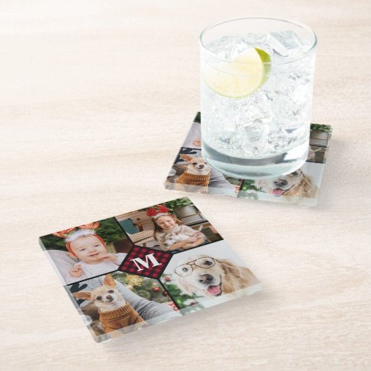 Personalisiert 4 Foto Monogramm Rotes Buffalo Kari Glasuntersetzer (Schrägansicht)