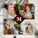 Personalisiert 4 Foto Monogramm Rotes Buffalo Kari Keramikornament<br><div class="desc">Feiern Sie Ihre Lieblings-Erinnerungen mit einem maßgeschneiderten Red Buffalo Kariert Monogram Foto Collage Ornament . Wenn Sie so viele lustige Erinnerungen und Fotos haben, reicht ein Foto nicht aus. Unser Custom Foto Ornament verfügt über 4 Fotos und ein Zentrum mit Monogramm Initial und Name zu personalisieren. Dieses personalisierte 4-Foto-Ornament eignet...</div>