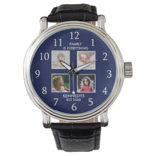 Personalisiert 4 Fotocollage Familienname Blau Armbanduhr