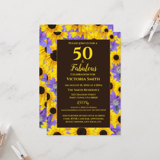 Personalisiert 50 & Fabulous Yellow & Lila Floral Einladung (Vorderseite/Rückseite Beispiel)
