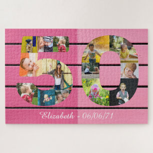 Personalisiert 50. Geburtstag 14 FotoCollage Rosa Puzzle