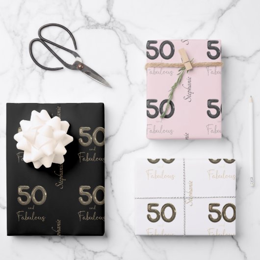 Personalisiert 50 und herrliches Schwarz Weiß  Geschenkpapier Set (Vorderseite)