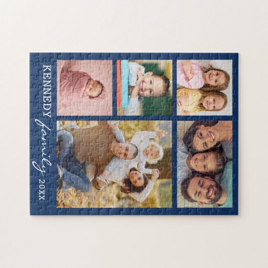 Personalisiert 5 Fotocollage Familienname Blau Puzzle (Horizontal)