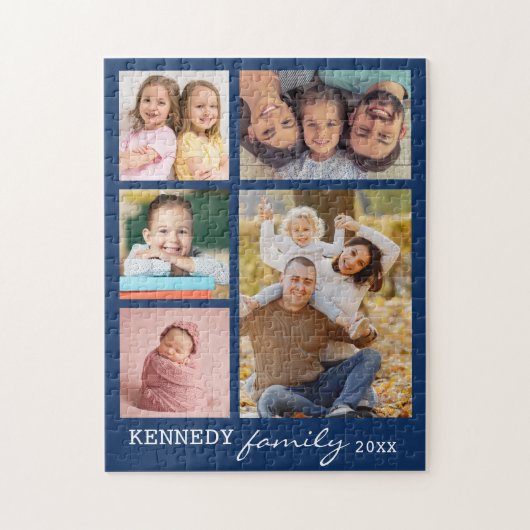 Personalisiert 5 Fotocollage Familienname Blau Puzzle (Vertikal)