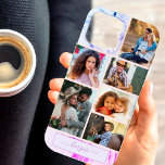 Personalisiert 6 Fotomaterial Lila rosa Marmor Case-Mate iPhone Hülle<br><div class="desc">Moderne Foto Collage iPhone Gehäuse, die Sie mit 6 Ihrer Lieblings-Fotos und Ihrem Namen personalisieren können. Die Vorlage ist für das Hinzufügen von Fotos bereit und arbeitet nach oben nach unten in Zeilen. Das Design hat einen lila, rosa lila Marmorboden und Ihr Name ist in elegantem, handgeschriebenem Skript geschrieben. Entworfen...</div>