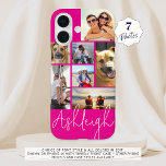 Personalisiert 7 Fotomaterial (Hot Pink) iPhone 16 Hülle<br><div class="desc">Erstellen Sie Ihre eigene personalisierte, benutzerdefinierte Farbe Foto Handy-Gehäuse mit diesem einfach hochzuladenden Foto Collage Template mit 7 Aufnahmen in verschiedenen Größen und Formen und Ihrem Namen in Ihrer Wahl des Schriftartes Stil und alle Farben (mit einem schicken handschriftlichen Signatur-Stil Schriftart in Weiß auf einem heißen rosa Hintergrund). TELEFONOPTIONEN: Das...</div>