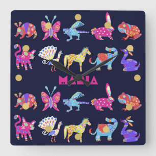 Personalisiert Alebrije Mexikanische Tiere Folk Ar Quadratische Wanduhr