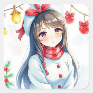 Personalisiert Anime Girl Christmas Quadratischer Aufkleber
