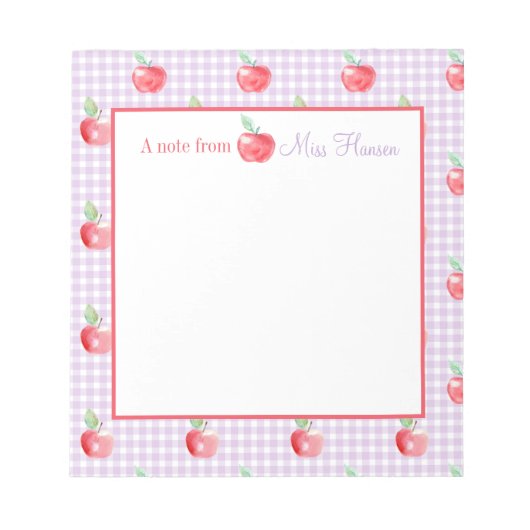Personalisiert Apple Lavender Gingham Teacher Notizblock (Vorderseite)