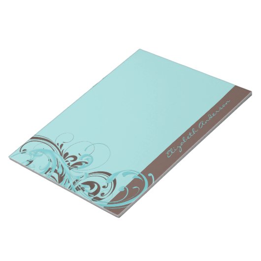 Personalisiert Aqua Blue Brown Floral Large Notizblock (angewinkelt)