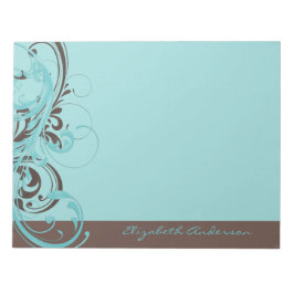 Personalisiert Aqua Blue Brown Floral Large Notizblock