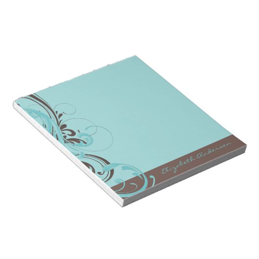 Personalisiert Aqua Blue Brown Floral Notepad Notizblock (angewinkelt)