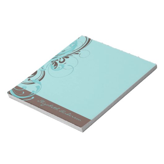 Personalisiert Aqua Blue Brown Floral Notepad Notizblock (Rotiert)