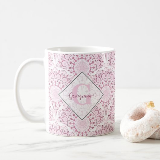Personalisiert Art Deco Pink Confetti Lace Mandala Kaffeetasse (Mit Donut)