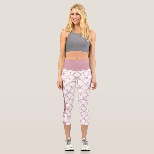 Personalisiert Art Deco Wave Patten Pink Flamingo Capri Leggings (Vorderseite)