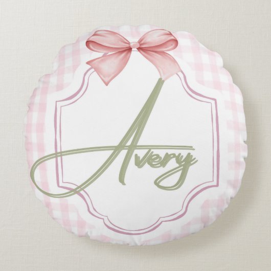 Personalisiert Avery Baby Girl Kinderzimmer Bow&Gi Rundes Kissen (Vorderseite)