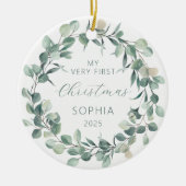 Personalisiert Baby 1. Christmas Eucalyptus Wreath Keramik Ornament (Vorne)
