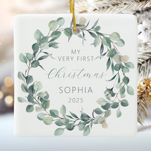 Personalisiert Baby 1. Christmas Eucalyptus Wreath Keramikornament