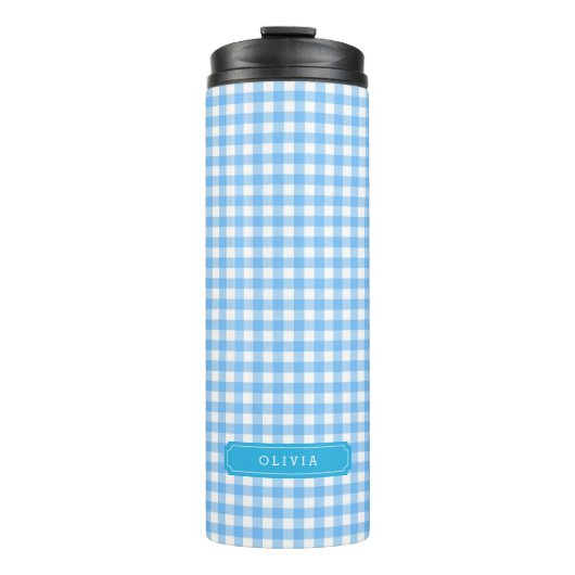 Personalisiert Baby Blue Gingham Monogramm Thermosbecher (Vorderseite)