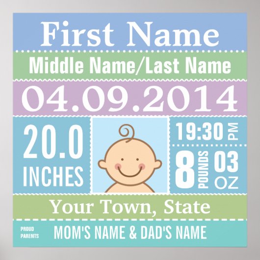 Personalisiert Baby Boy Birth Stats Plakat (Vorne)