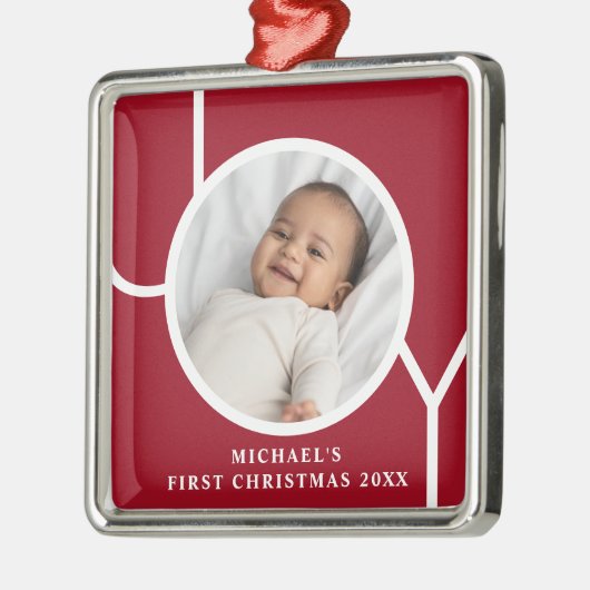 Personalisiert Baby Boy's First Christmas Foto Red Ornament Aus Metall (Links)