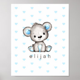 Personalisiert Baby Boy's Teddy Bear Blue Hearts Poster