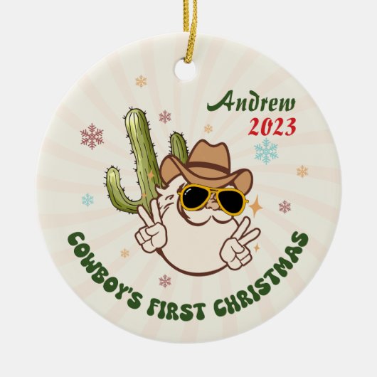 Personalisiert Baby Cowboy First Christmas Keramik Ornament (Vorne)
